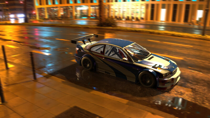 Blue Race Car on Street — Dramatic, Night