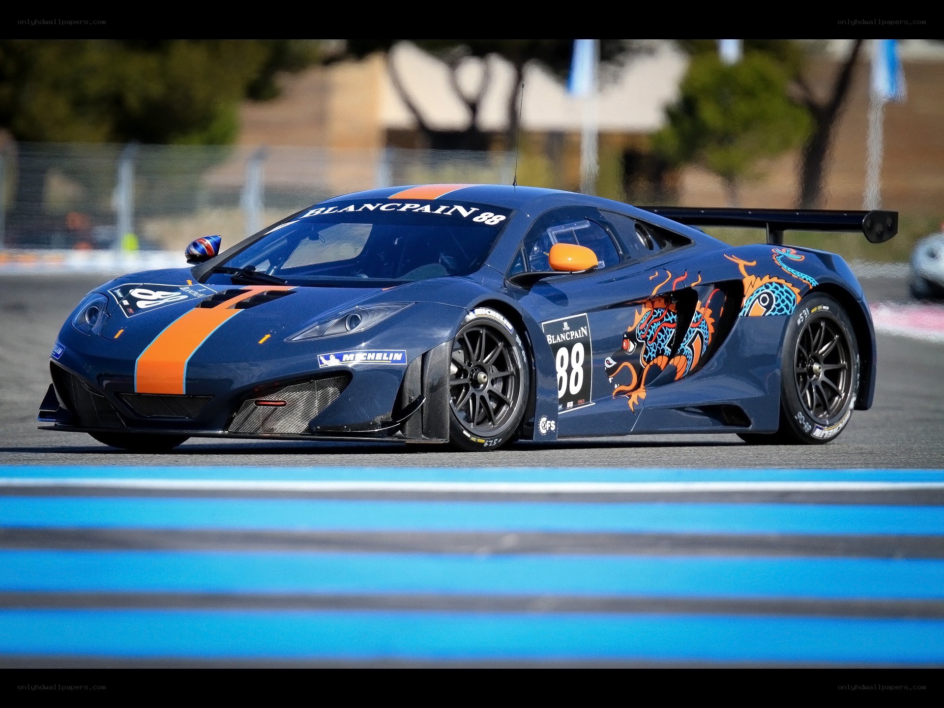 Blue race car on track