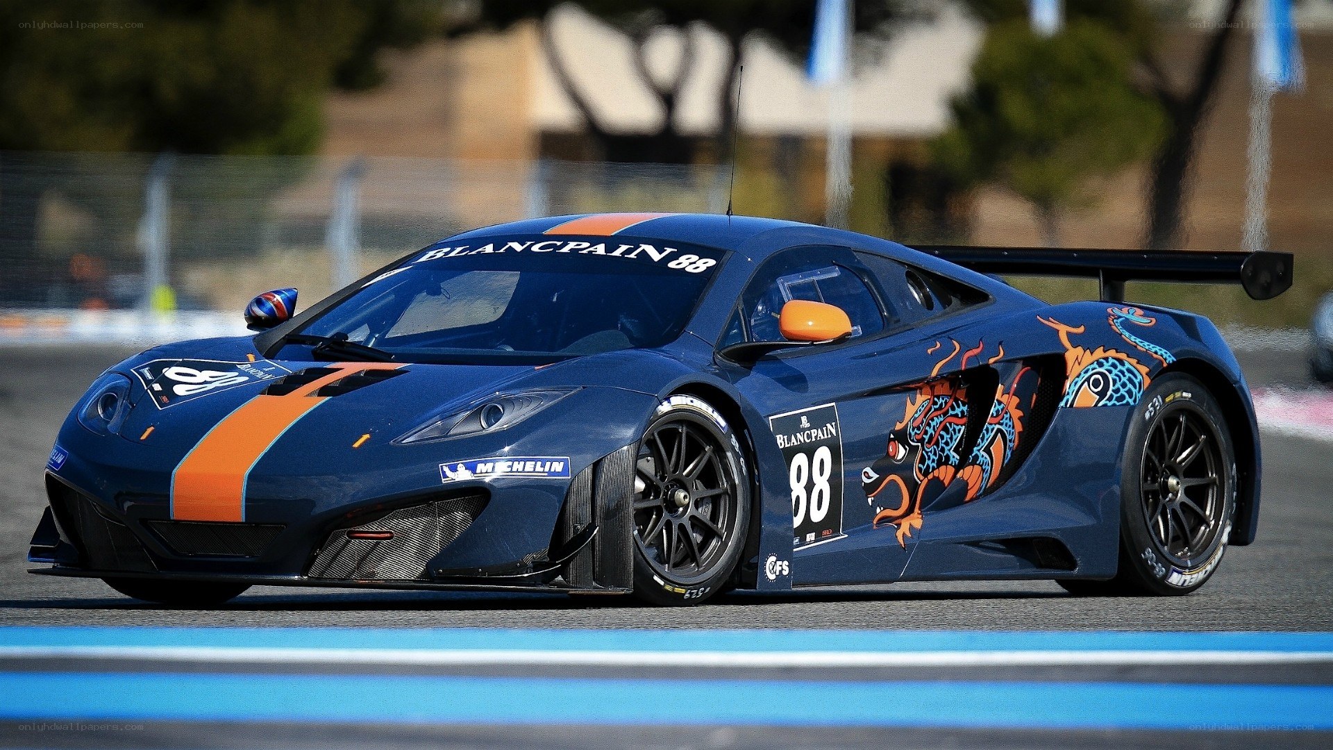 Blue race car on track
