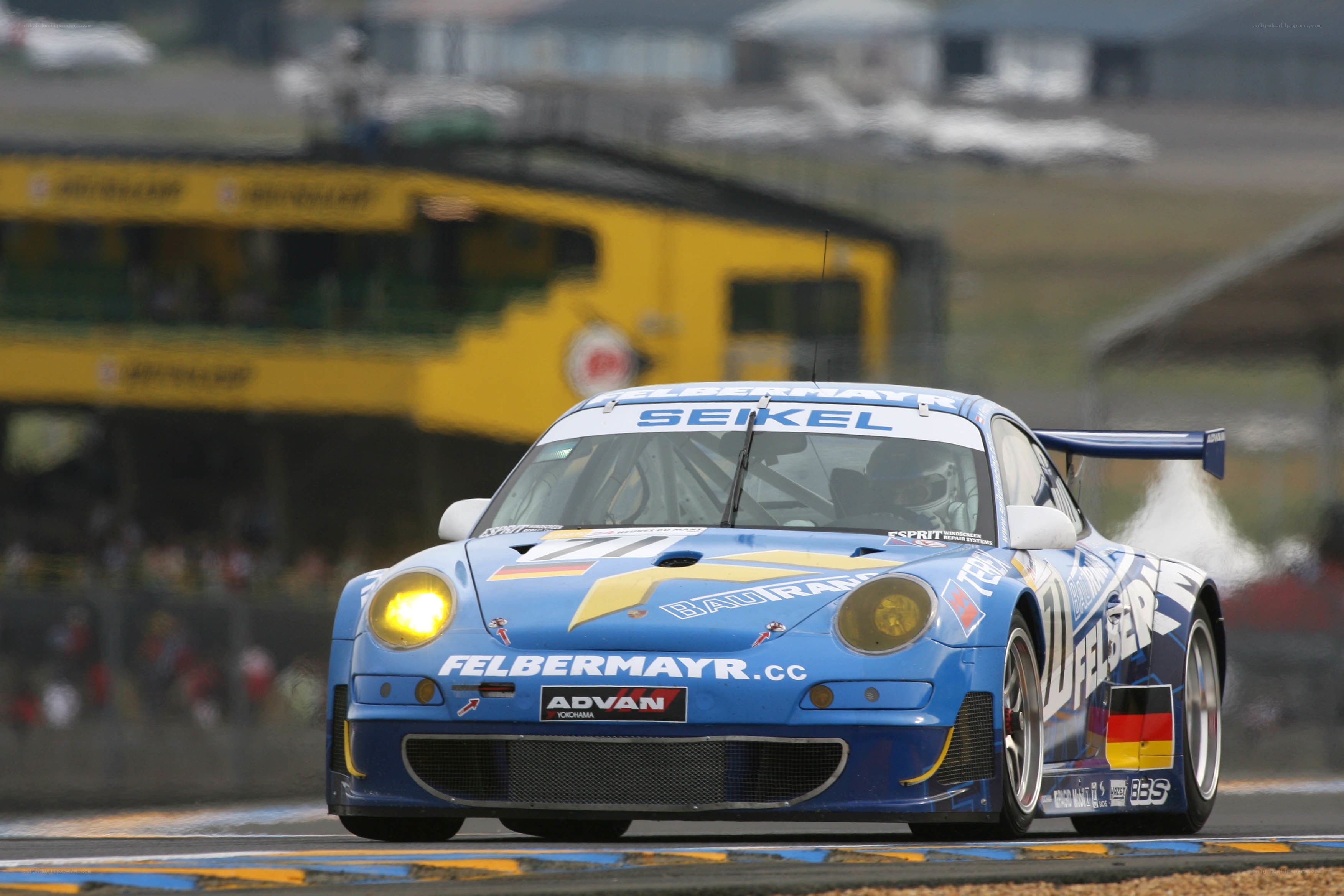 Blue race car on track