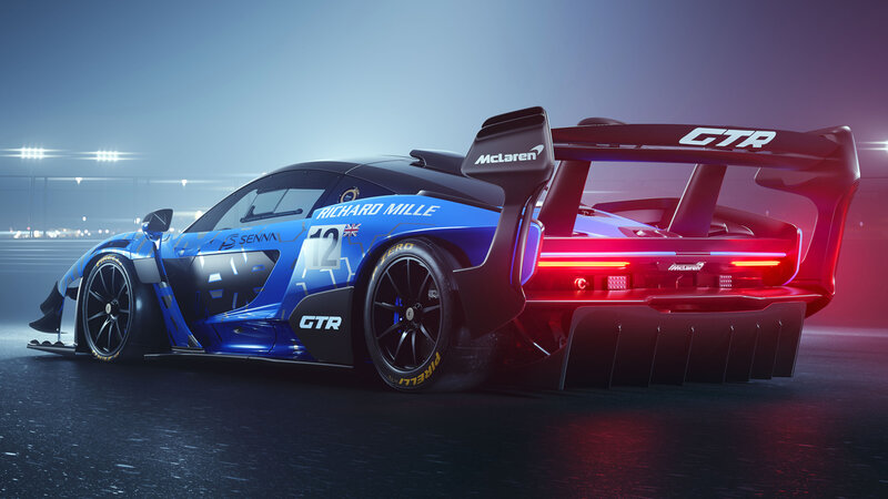 Blue Race Car on Track — Dramatic, Night, 3d Render