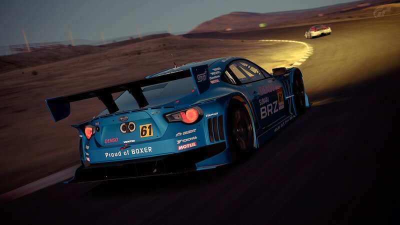 Blue Race Car on Track — Dramatic, Sunset