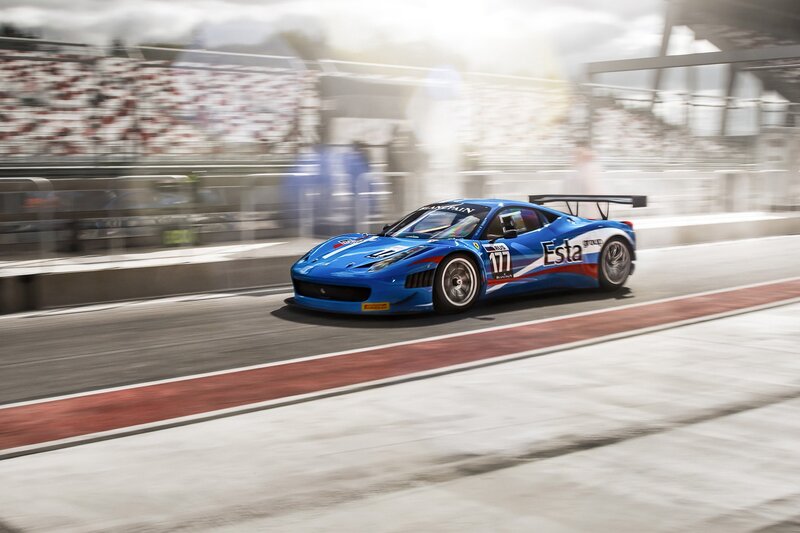 Blue Race Car on Track — Dynamic, Afternoon, Photograph, Race Car, Spectator Stands