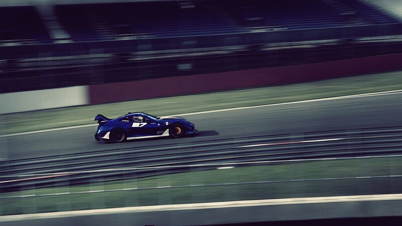 Blue Race Car on Track — Dynamic, Photograph, Race Track, Grandstand