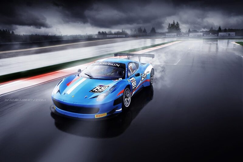 Blue race car on wet track