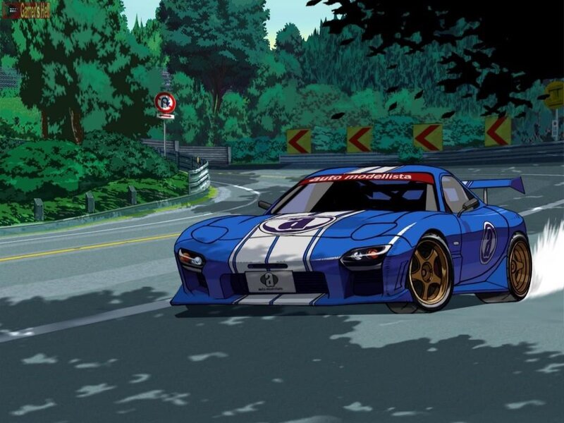 blue race car on winding road