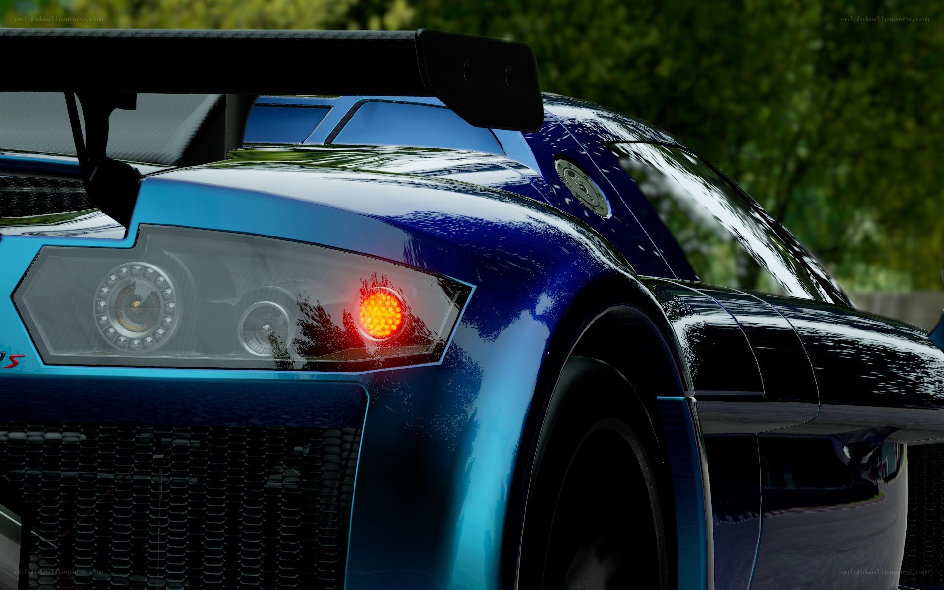 blue race car rear view