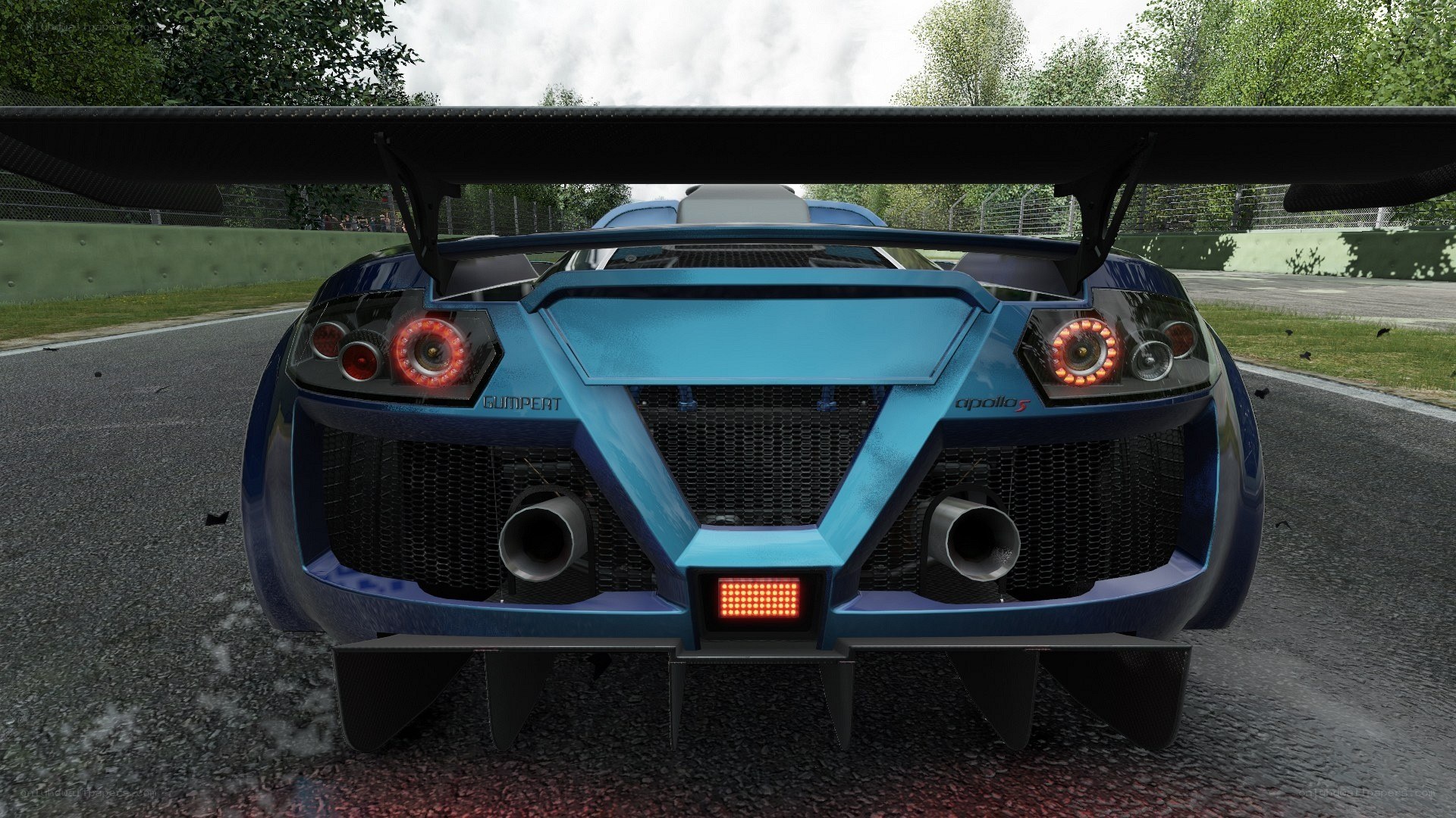 blue race car rear view