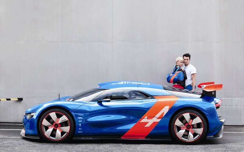 Blue race car with couple