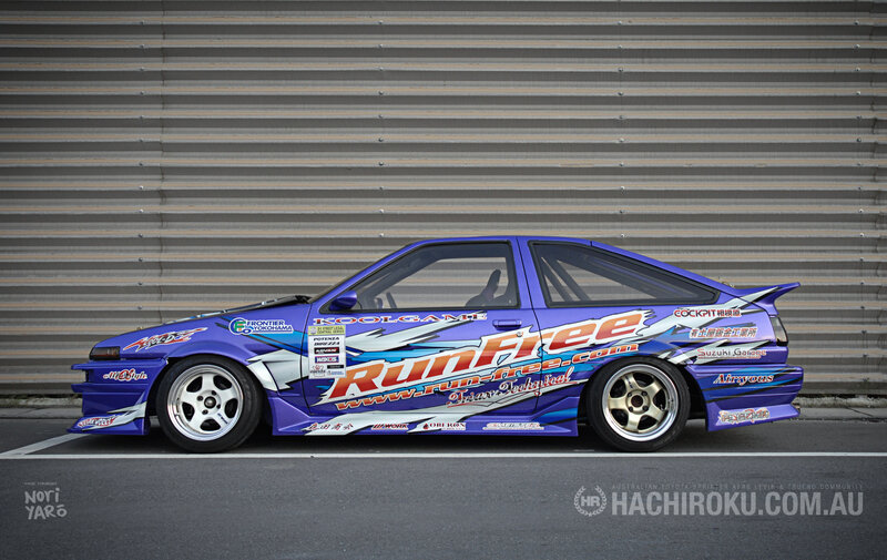 Blue race car with decals