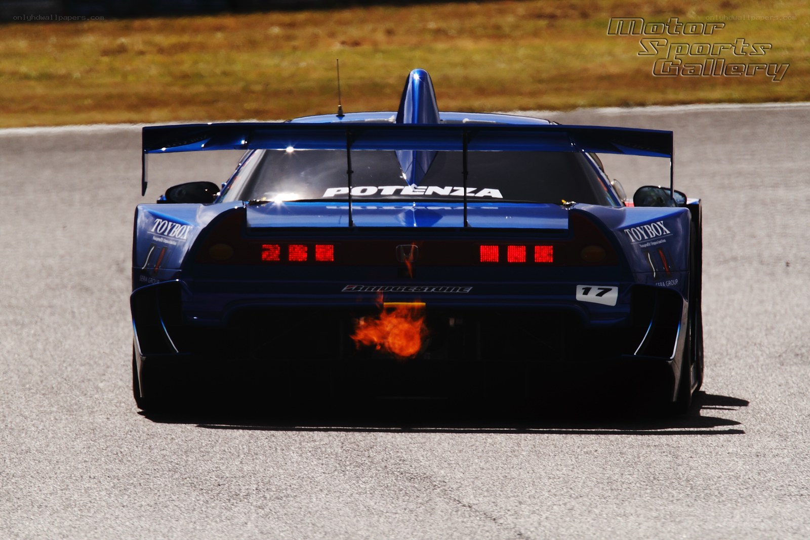 blue race car with flames