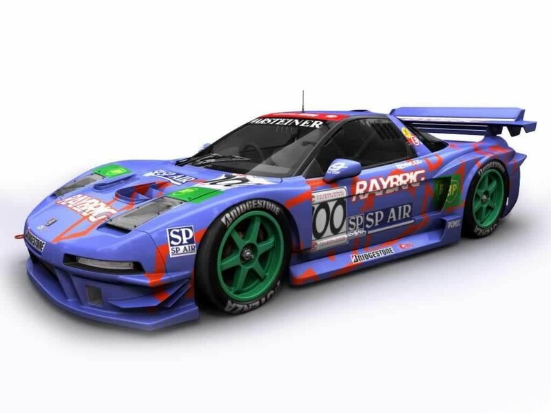 blue race car with green wheels