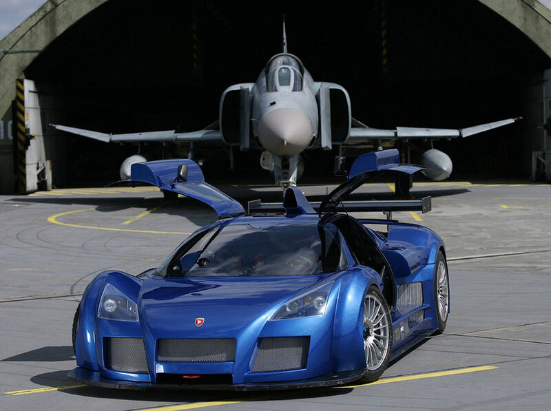 Blue race car with jet fighter