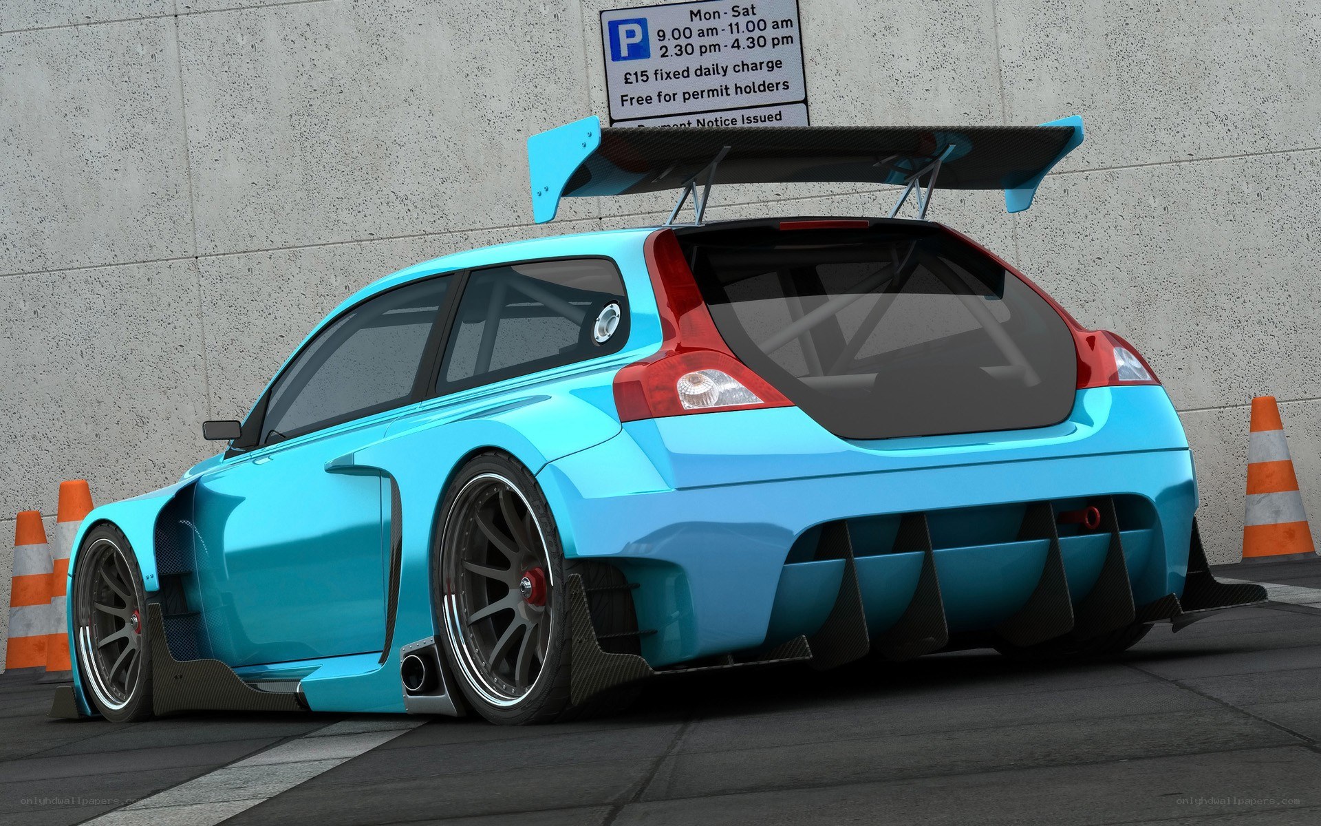 blue race car with large wing
