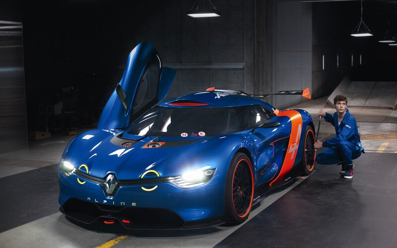 Blue race car with mechanic