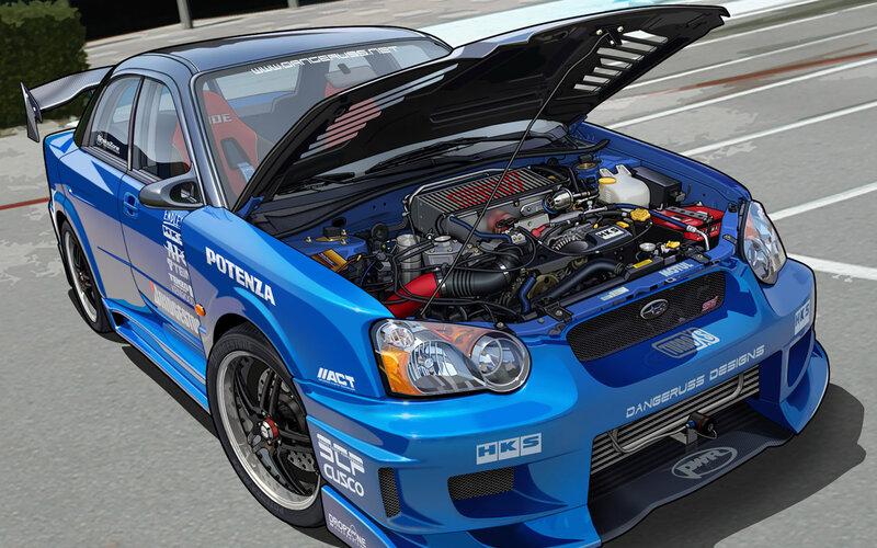 blue race car with open hood