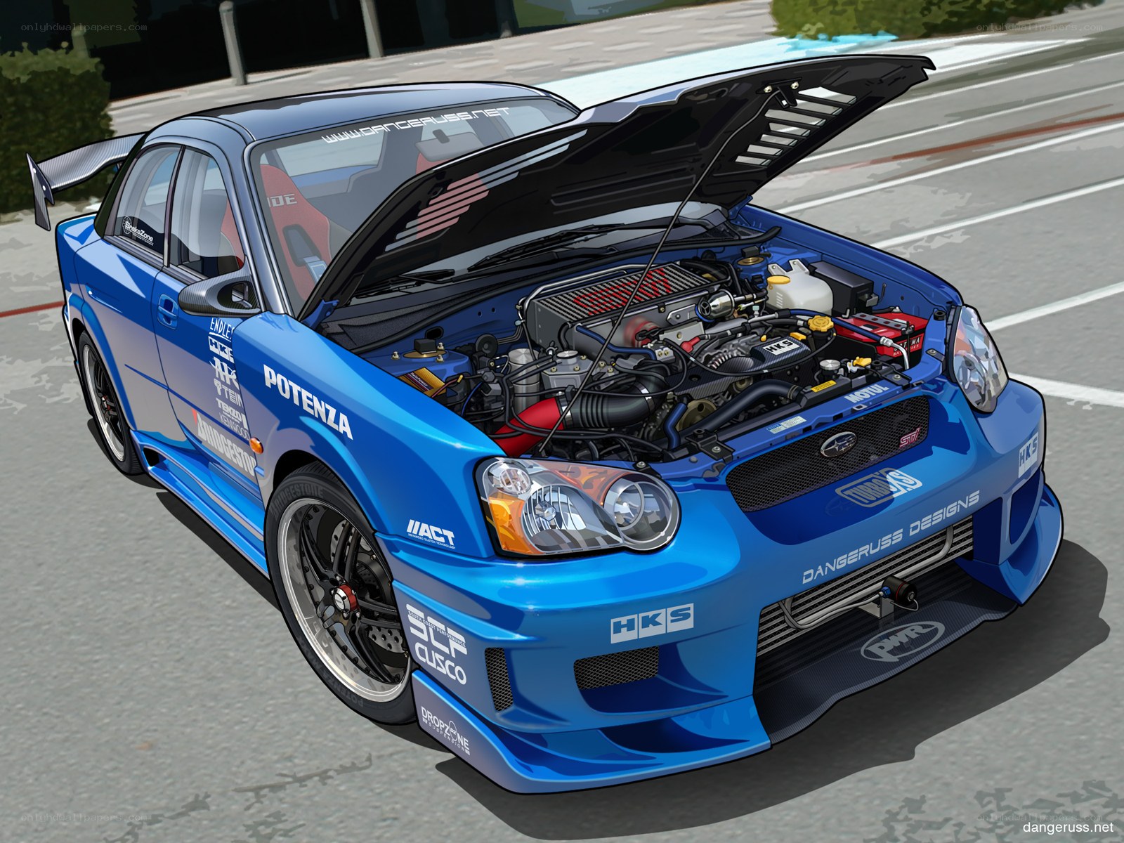 blue race car with open hood