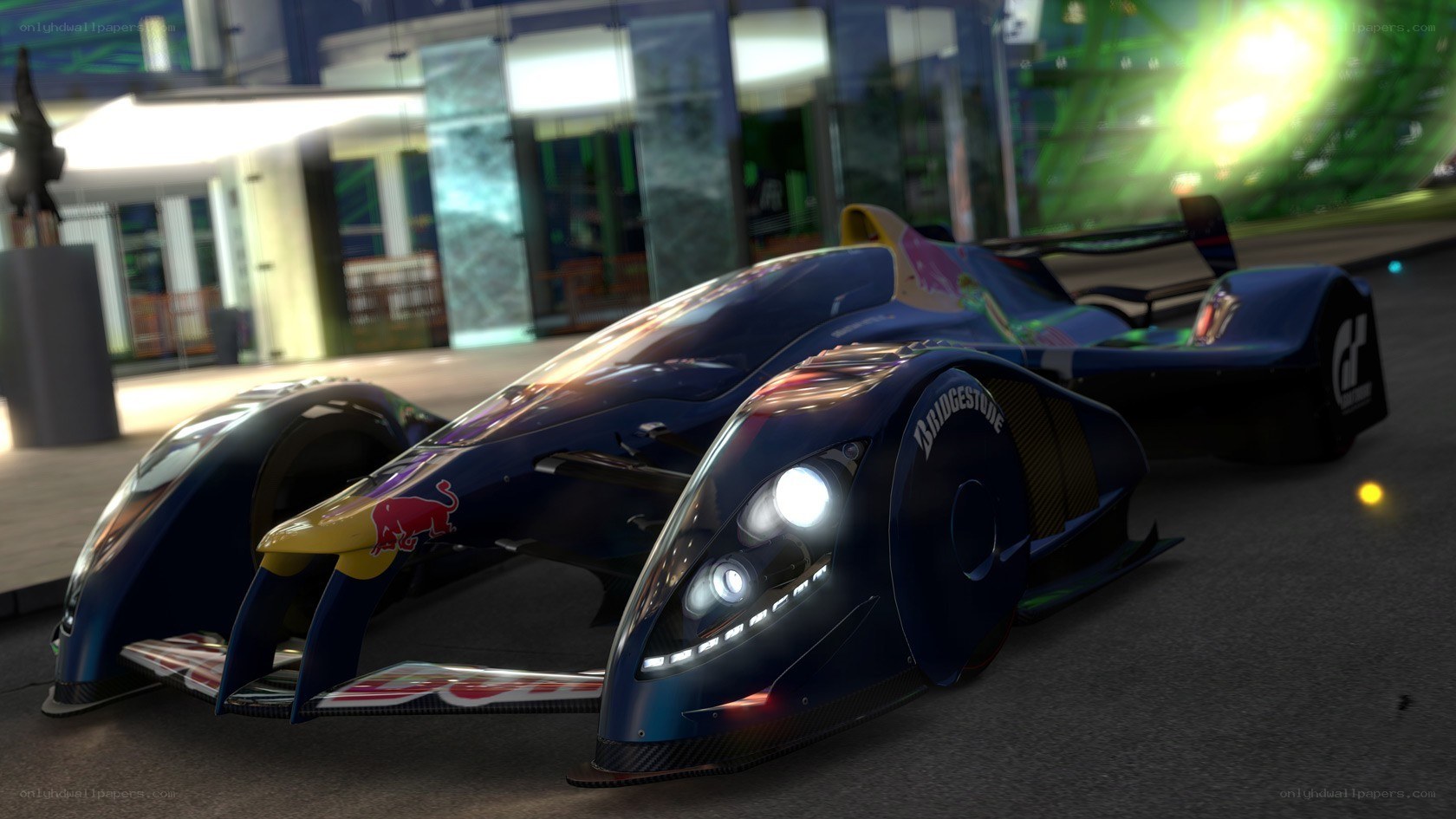 Blue racing car at night