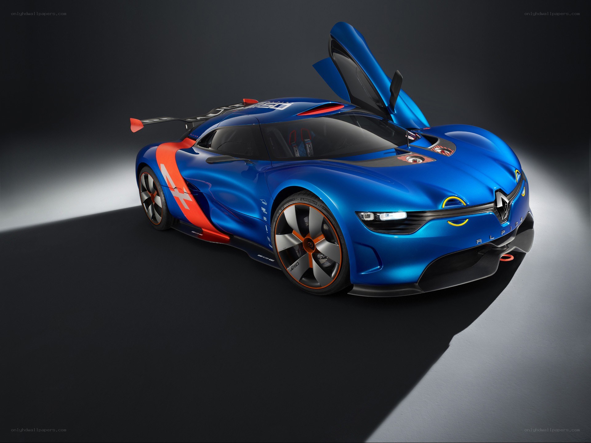 Blue racing car with open doors