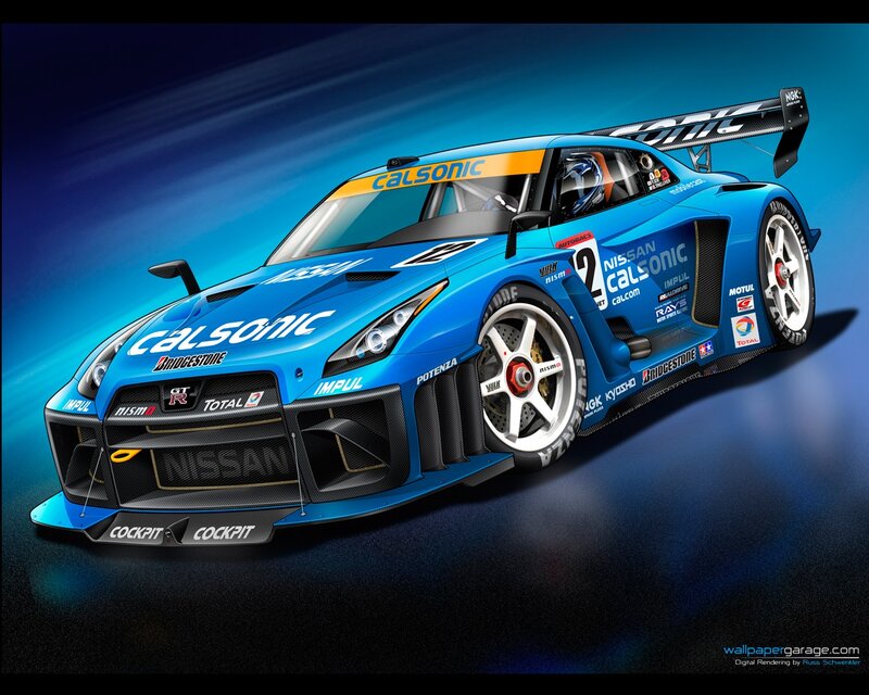 Blue racing car with sponsor logos