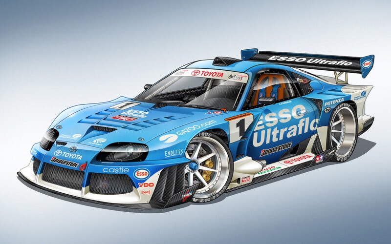 blue racing car with sponsor logos
