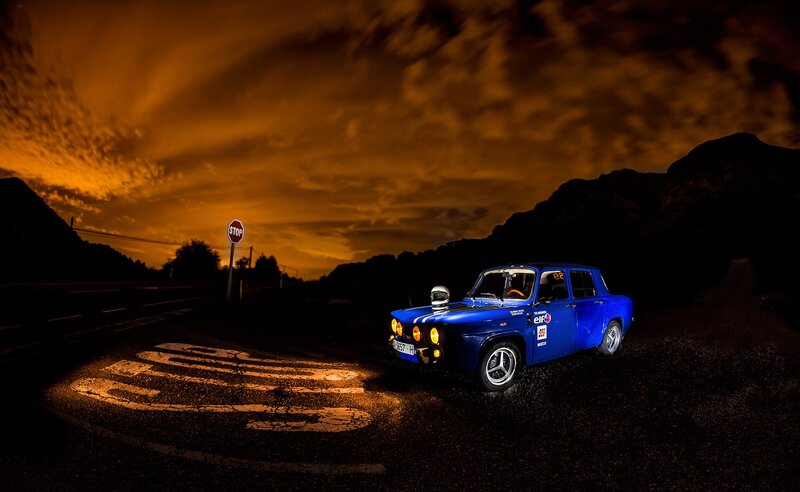 Blue Rally Car — Dramatic, Night