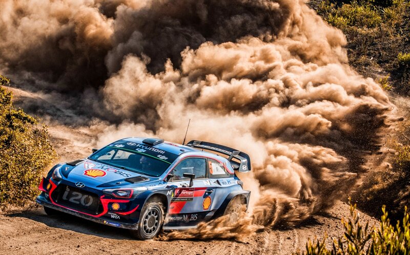 Blue Rally Car — Dynamic, Afternoon, Photograph, Dust Cloud, Rally Track, Bushes