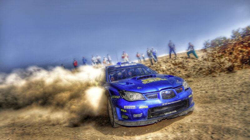 Blue Rally Car — Dynamic, Afternoon, Photograph, Dust