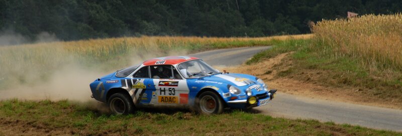 Blue Rally Car — Dynamic, Afternoon, Photograph, Dusty Road, Field