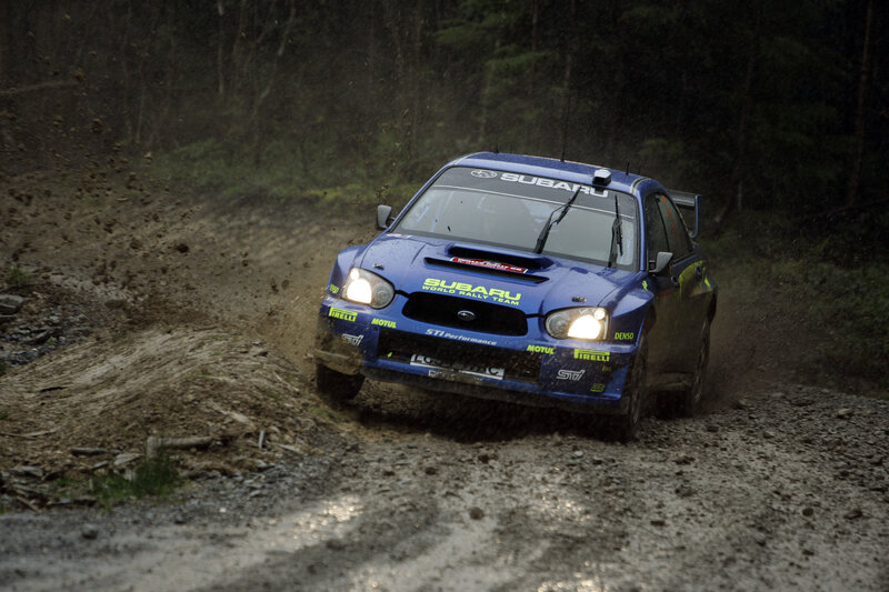 Blue Rally Car — Dynamic, Photograph, Dirt Road, Forest, Mud