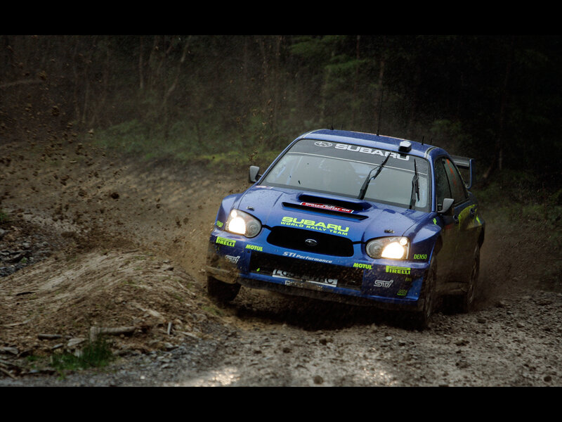 Blue Rally Car — Dynamic, Photograph, Dirt Road, Trees