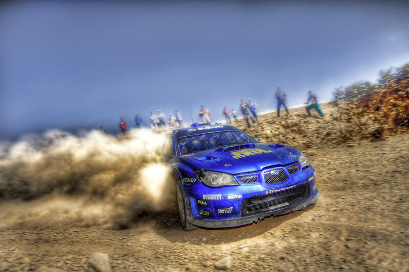 Blue Rally Car — Dynamic, Photograph, Dirt Track, Spectators