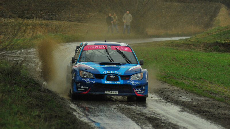 Blue Rally Car — Dynamic, Photograph, Mud, Spectators