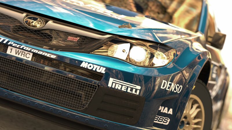 blue rally car front view