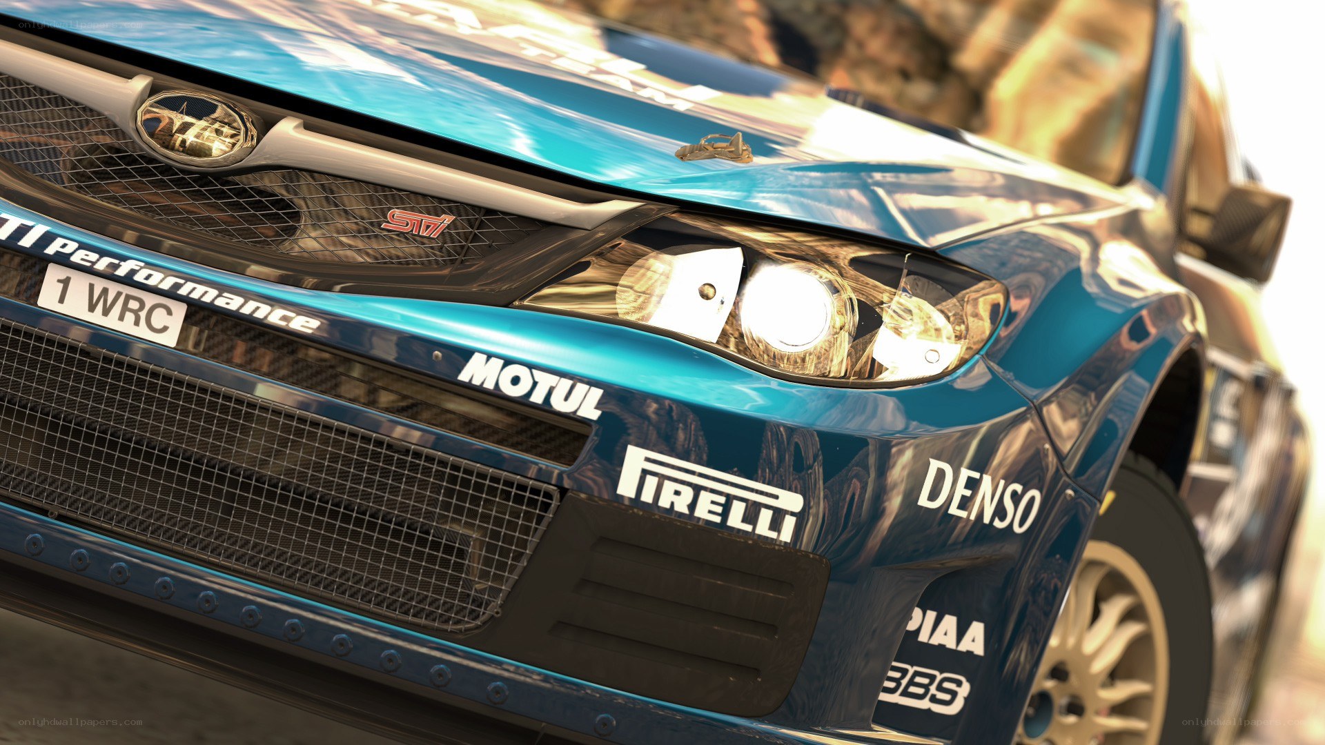 blue rally car front view