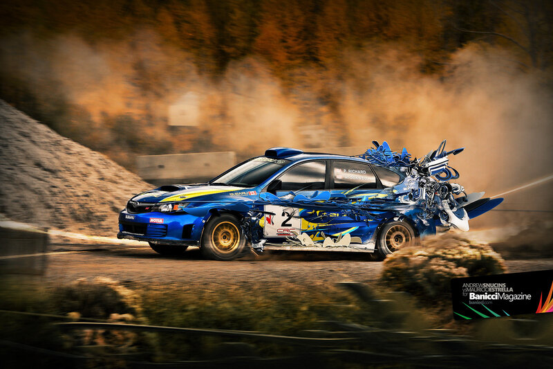 Blue rally car in action