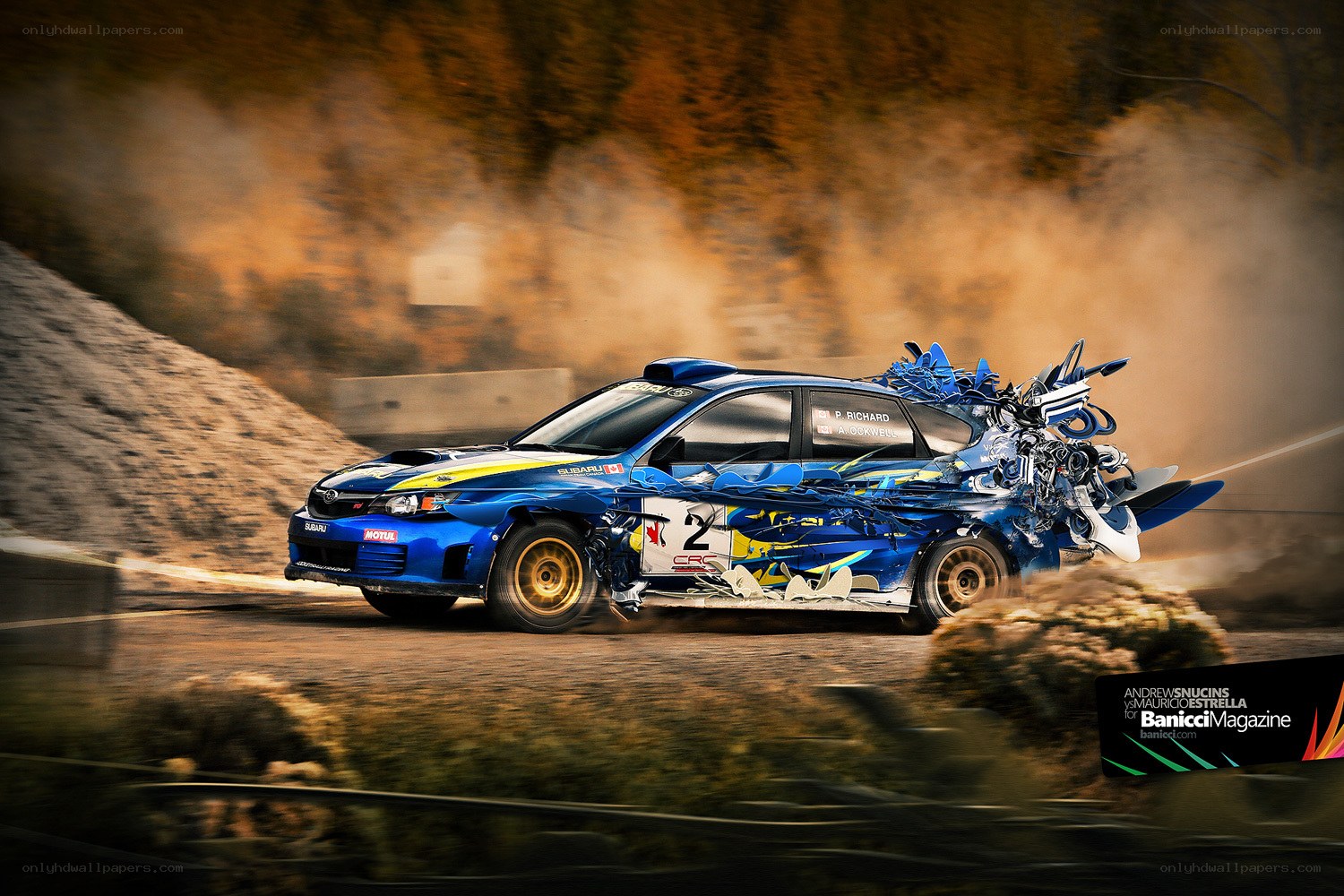 Blue rally car in action