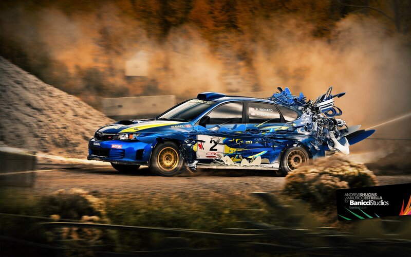 Blue rally car in motion