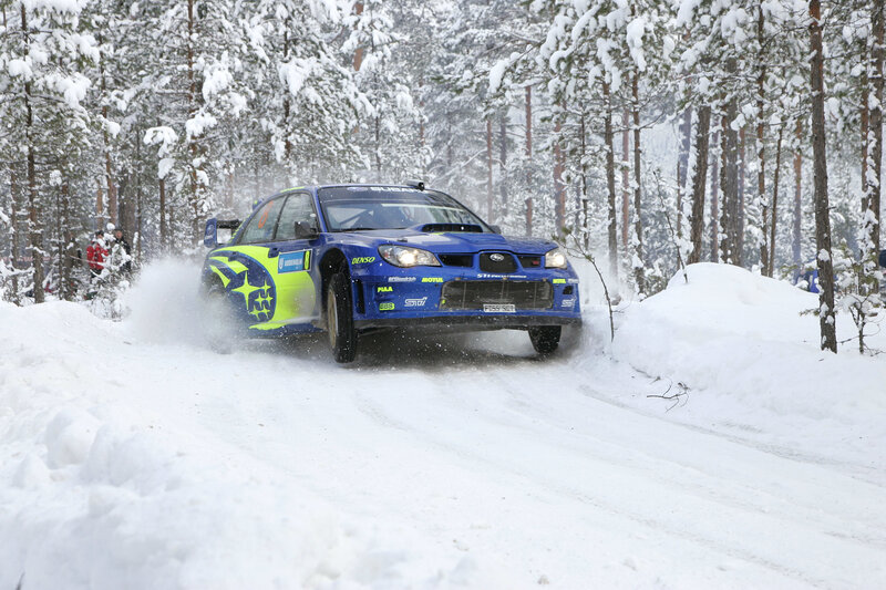 Blue Rally Car in Snow — Dynamic, Winter, Photograph, Snowy Forest, Spectators, Rally Car
