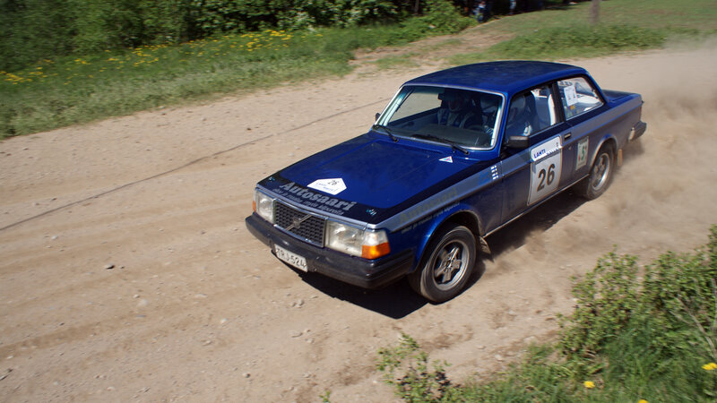 Blue rally car on dirt road