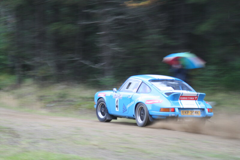 blue rally car on dirt road