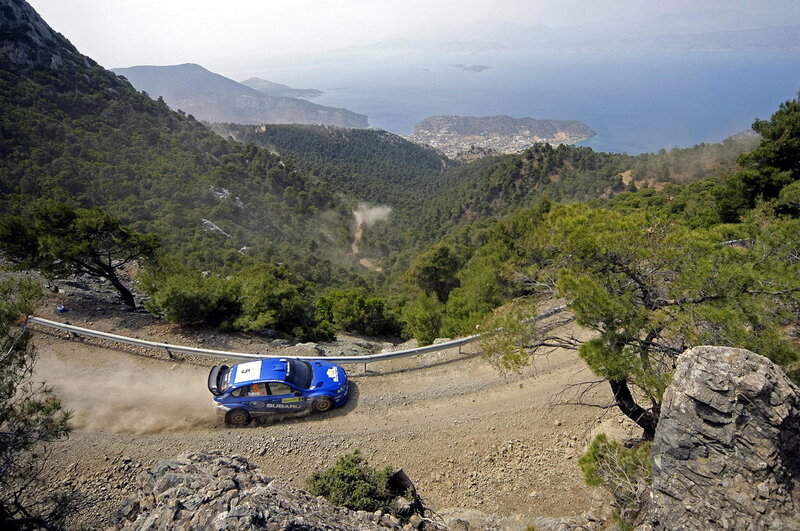 Blue Rally Car on Dirt Road — Dynamic, Afternoon