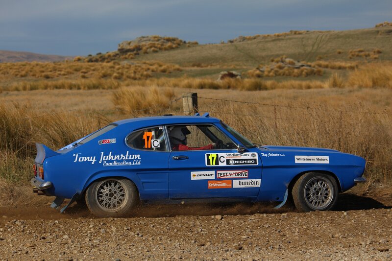 Blue rally car on dirt track