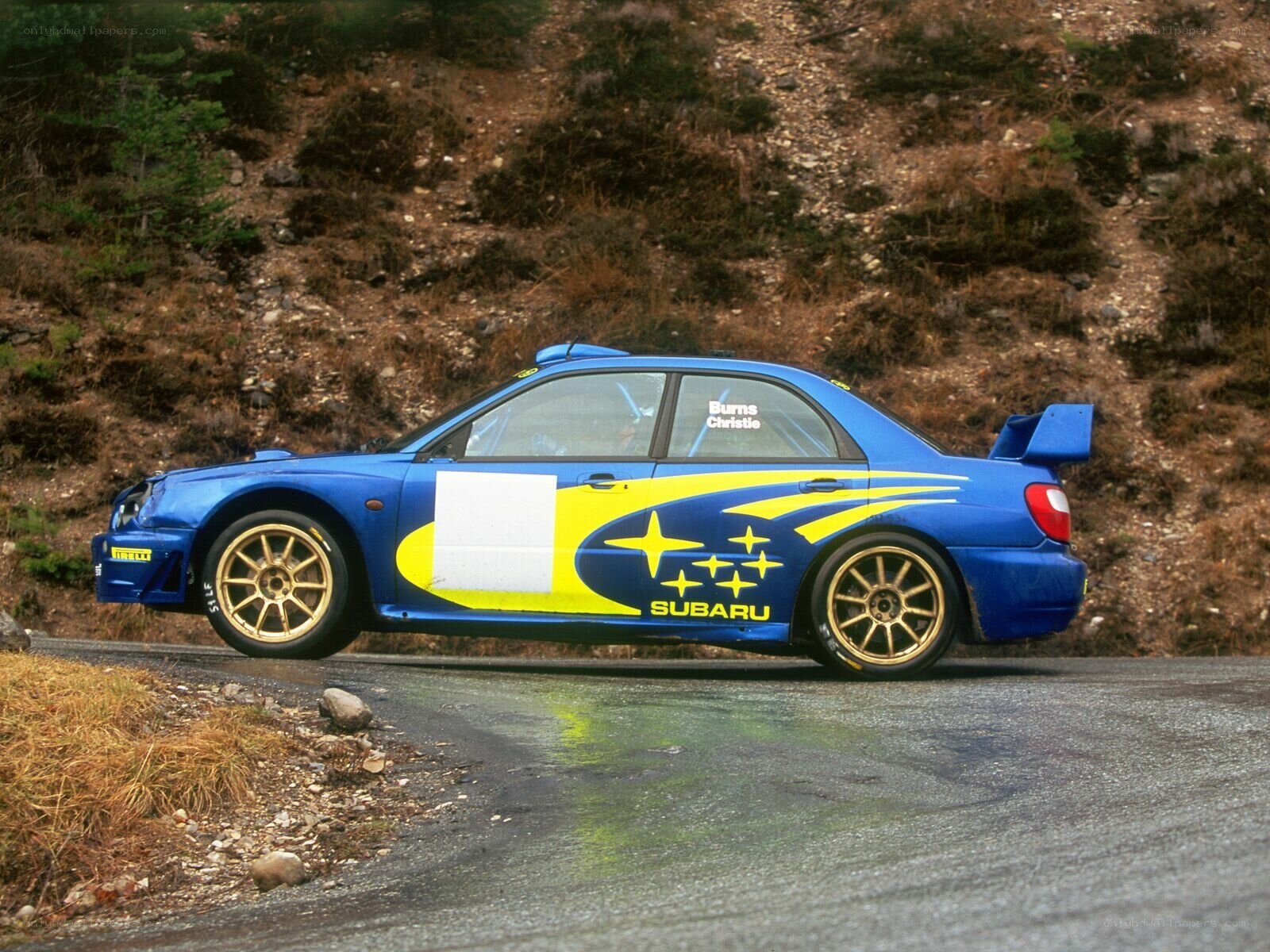 blue rally car on road