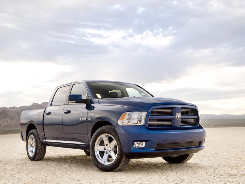 Blue Ram pickup truck in desert