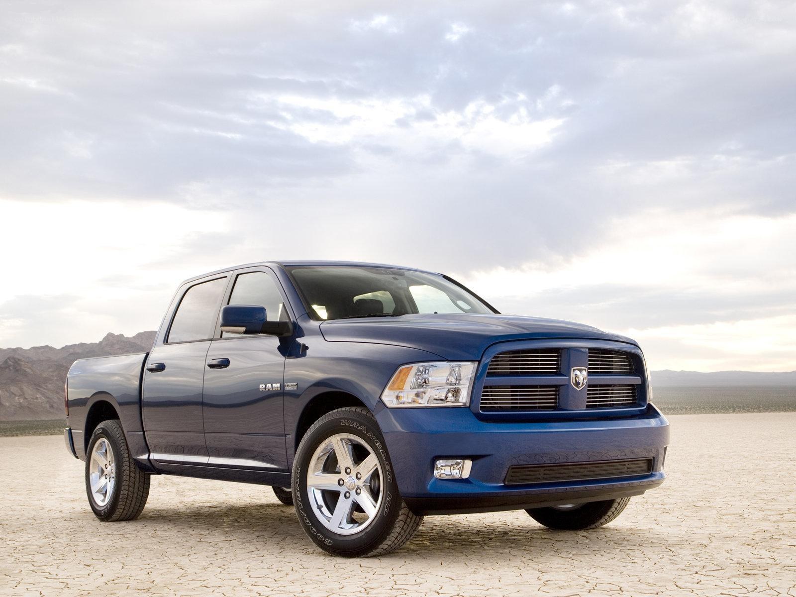 Blue Ram pickup truck in desert