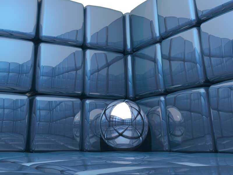 Blue reflective cubes and sphere