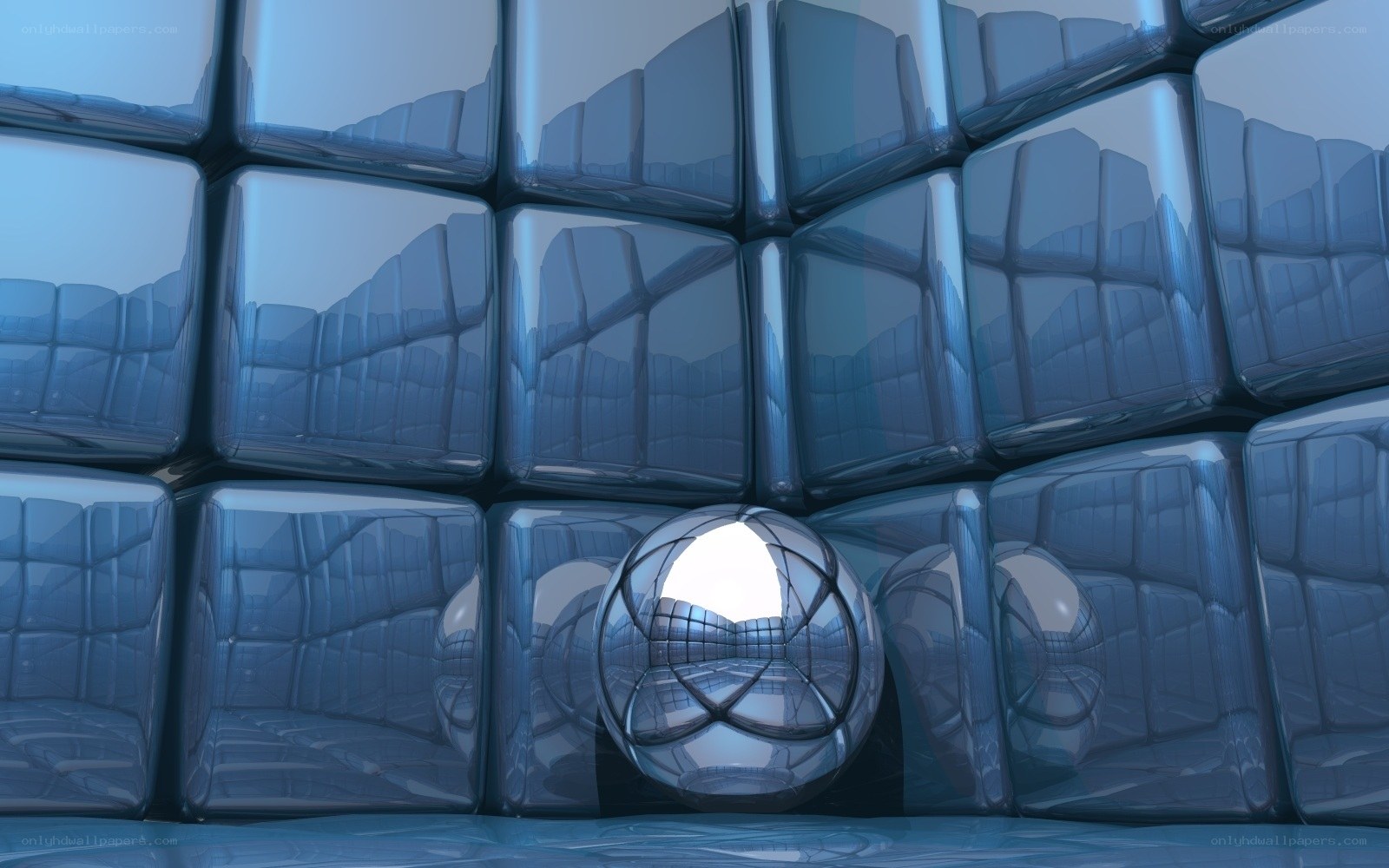 Blue reflective cubes and sphere