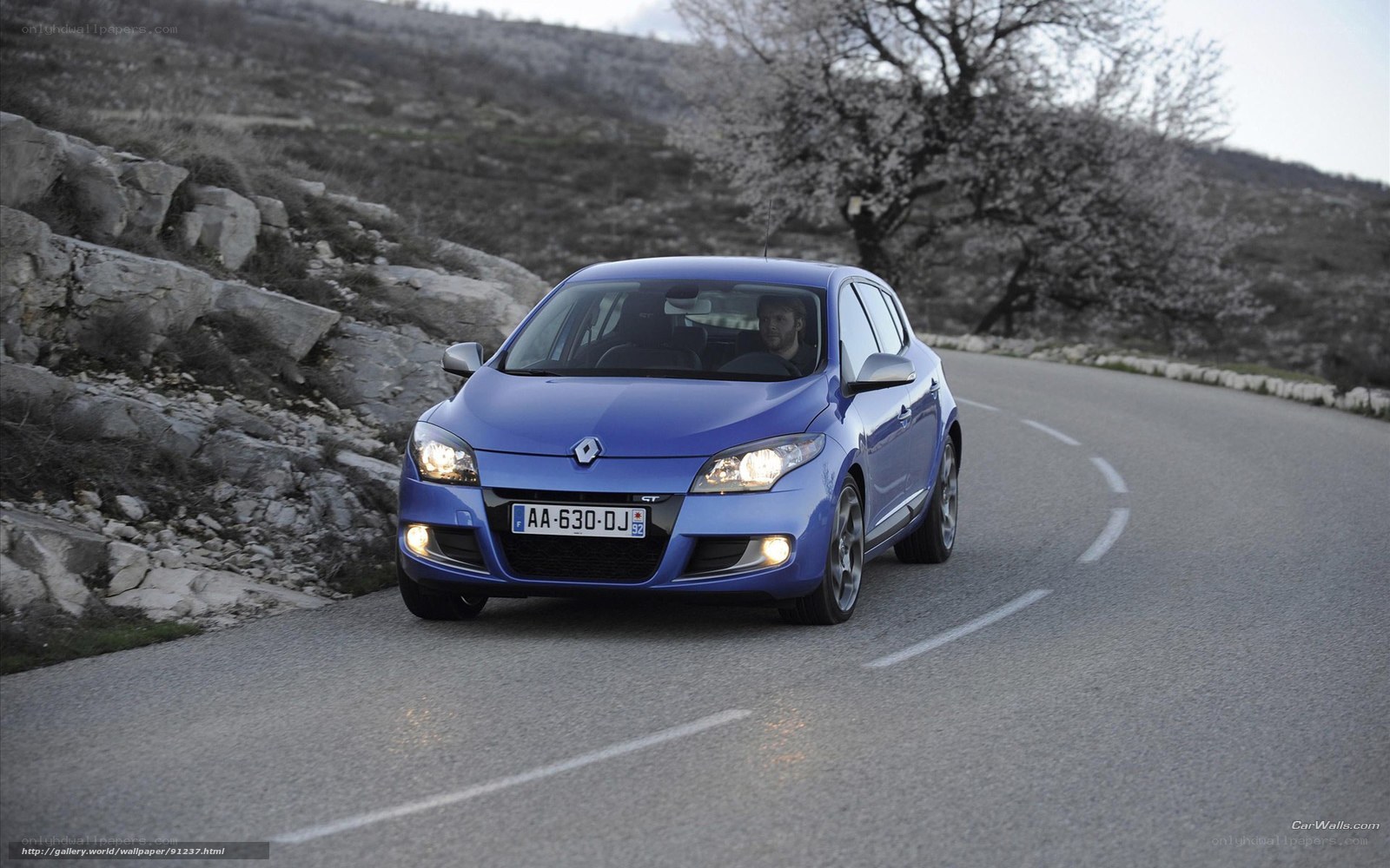 blue renault car on winding road