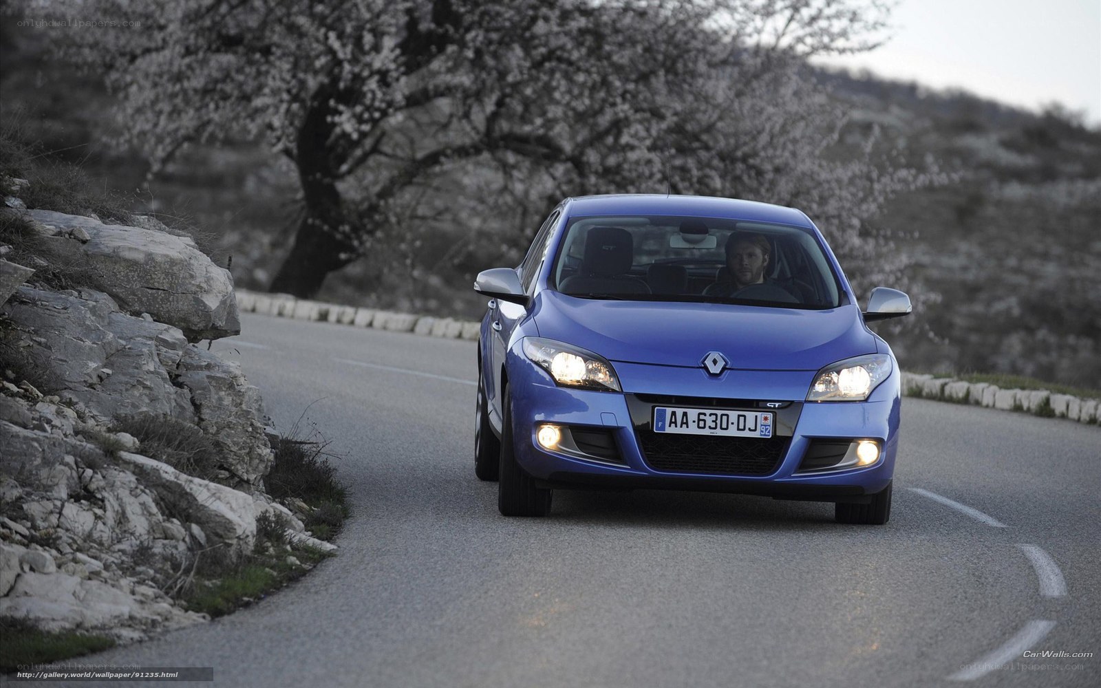 blue renault on winding road
